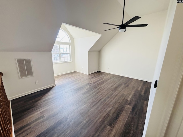 bonus room featuring lofted ceiling, dark wood-type flooring, and ceiling fan