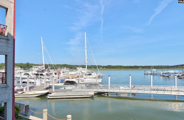 view of dock with a water view