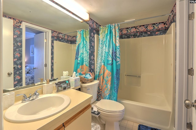 full bathroom featuring tile patterned flooring, vanity, shower / bathtub combination with curtain, and toilet