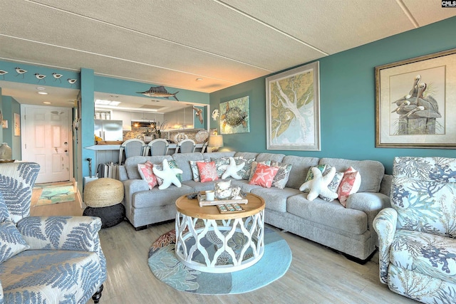 living room featuring hardwood / wood-style floors and a textured ceiling