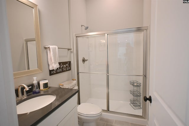 bathroom with tile patterned flooring, vanity, toilet, and walk in shower