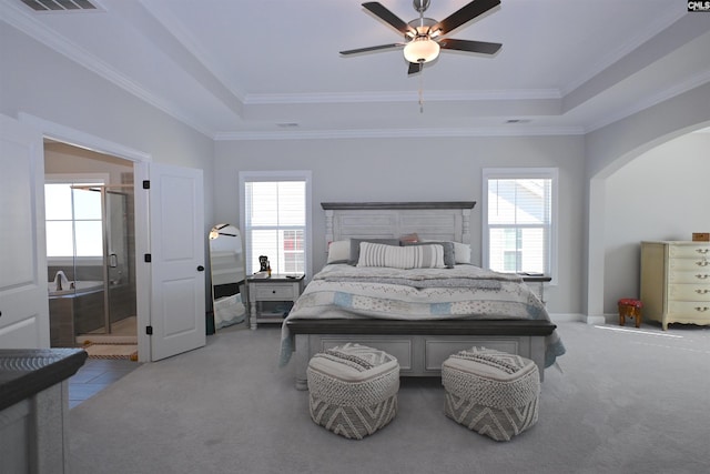 bedroom featuring multiple windows, a raised ceiling, carpet, and ceiling fan