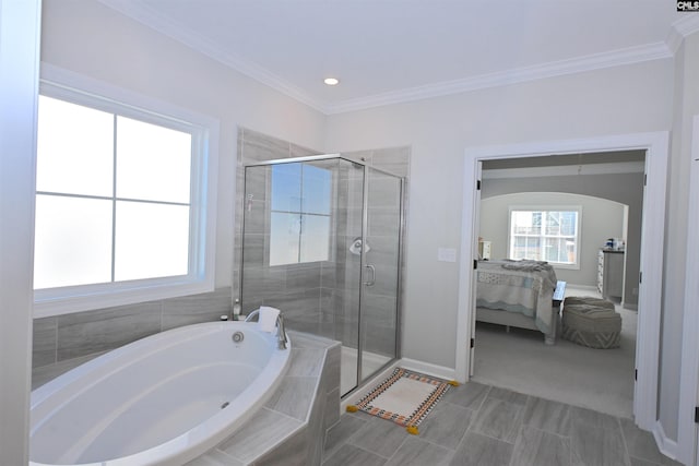 bathroom featuring crown molding, tile patterned floors, and plus walk in shower