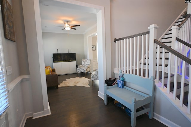 interior space featuring ornamental molding and dark hardwood / wood-style floors