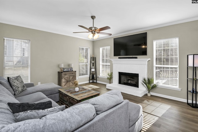 living room with crown molding, dark wood-type flooring, and a fireplace