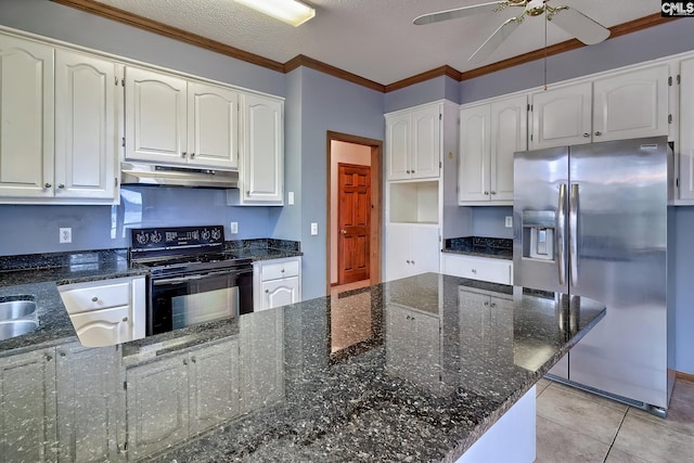 kitchen with white cabinetry, dark stone countertops, stainless steel fridge, black range with electric cooktop, and crown molding