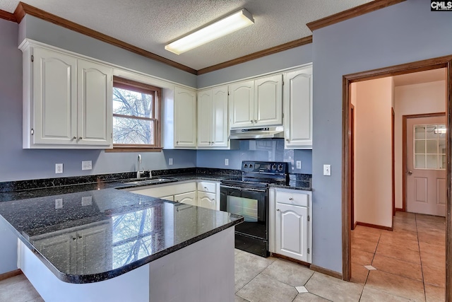 kitchen with white cabinetry, sink, kitchen peninsula, and black range with electric cooktop