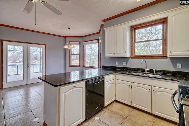 kitchen featuring black appliances, sink, white cabinets, hanging light fixtures, and kitchen peninsula