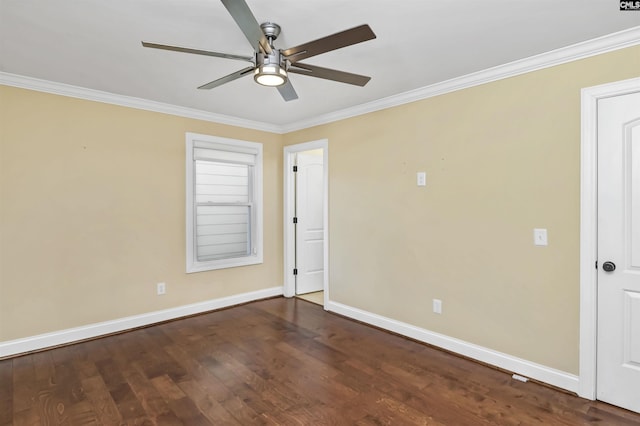 unfurnished room with crown molding, hardwood / wood-style flooring, and ceiling fan