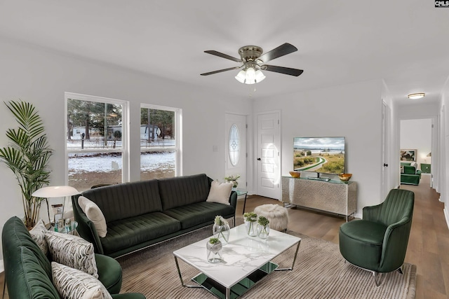 living room with hardwood / wood-style flooring and ceiling fan