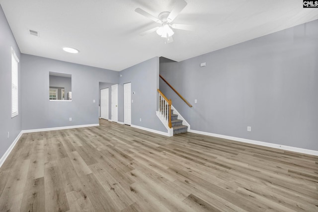 unfurnished living room featuring ceiling fan and light hardwood / wood-style floors