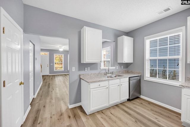 kitchen featuring sink, plenty of natural light, white cabinets, stainless steel dishwasher, and light wood-type flooring