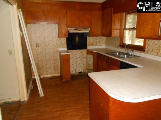 kitchen with dark wood-type flooring, kitchen peninsula, and sink