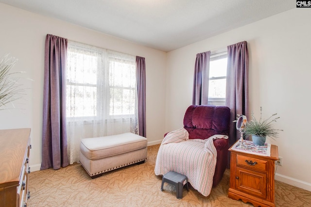 living area featuring light carpet