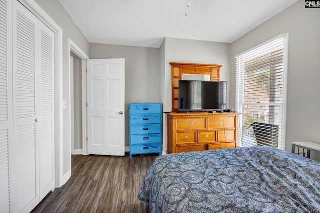 bedroom featuring dark wood-type flooring, a textured ceiling, and a closet