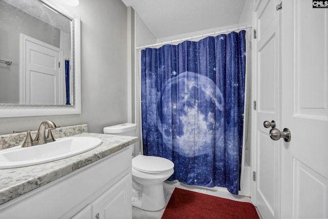 full bathroom featuring vanity, a textured ceiling, tile patterned floors, toilet, and shower / bath combo with shower curtain