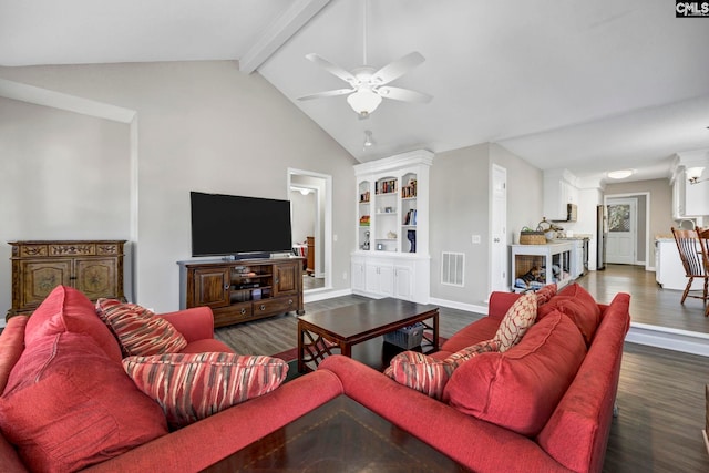 living room with ceiling fan, dark hardwood / wood-style floors, and lofted ceiling with beams