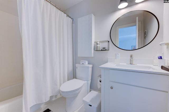 full bathroom with vanity, toilet, and shower / bathtub combination with curtain