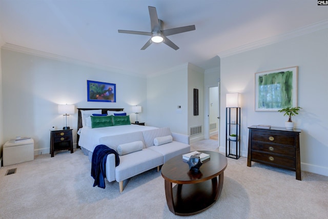 bedroom featuring ornamental molding and light colored carpet