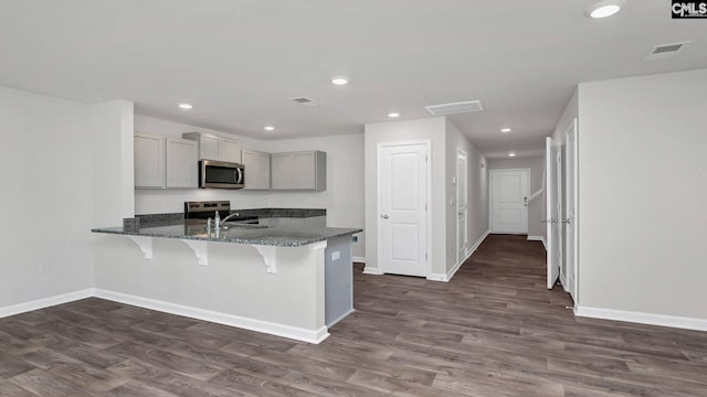 kitchen featuring gray cabinetry, dark hardwood / wood-style floors, kitchen peninsula, and appliances with stainless steel finishes