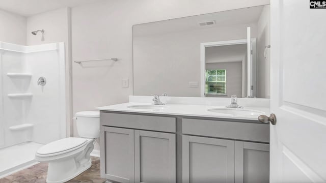 bathroom with vanity, walk in shower, and toilet