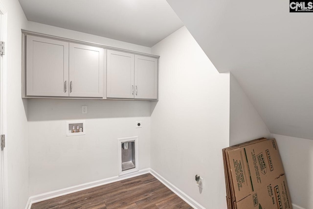 clothes washing area with hookup for a washing machine, dark wood-type flooring, cabinets, and hookup for an electric dryer