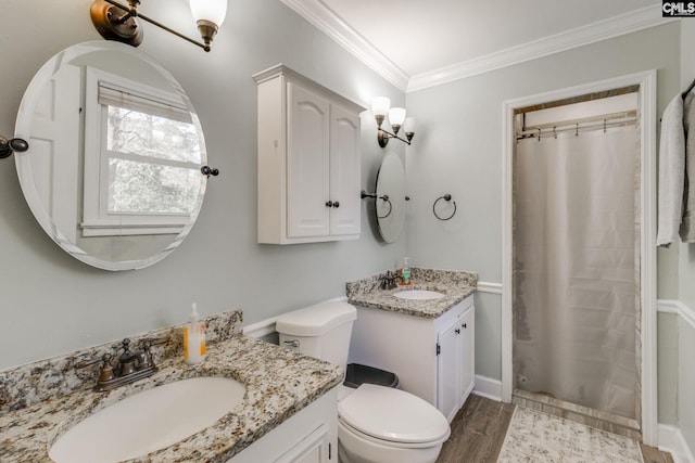 bathroom with crown molding, vanity, wood-type flooring, curtained shower, and toilet