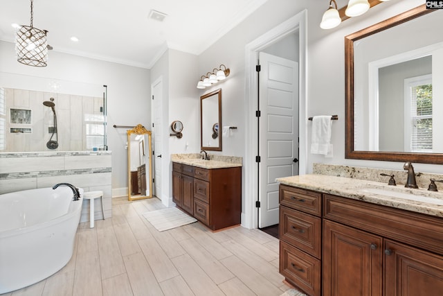 bathroom with crown molding, vanity, and plus walk in shower