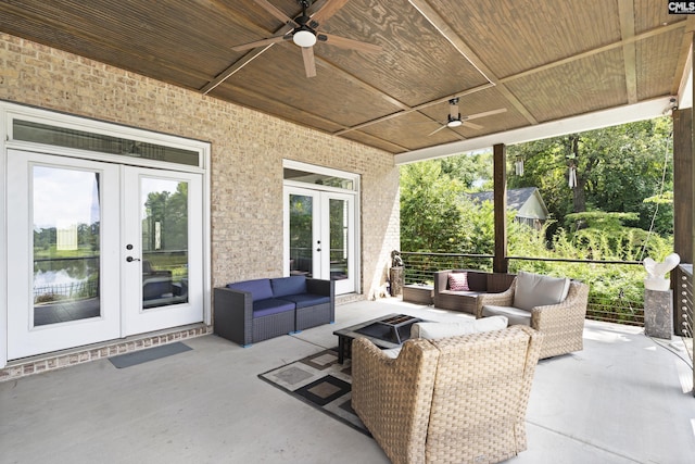 view of patio / terrace with french doors, ceiling fan, and outdoor lounge area