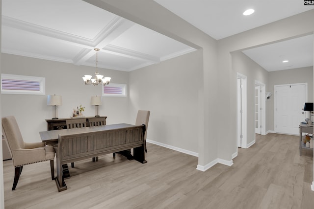 dining room with coffered ceiling, crown molding, a chandelier, light hardwood / wood-style flooring, and beam ceiling