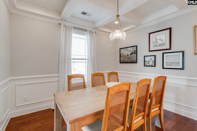 dining room with dark wood-type flooring, coffered ceiling, beam ceiling, and a chandelier