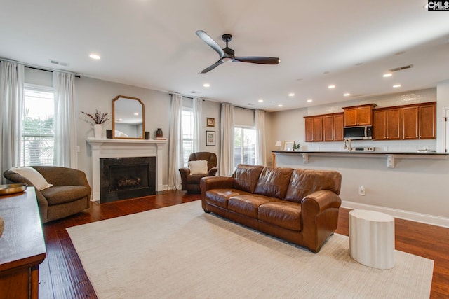 living room with hardwood / wood-style floors, a healthy amount of sunlight, and ceiling fan