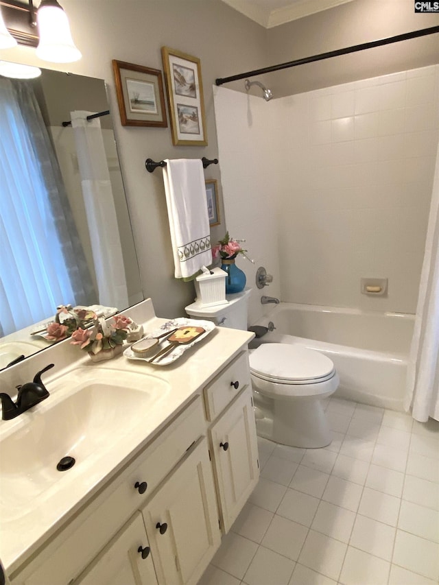 full bathroom with vanity, tile patterned floors, toilet, and shower / bathtub combination with curtain