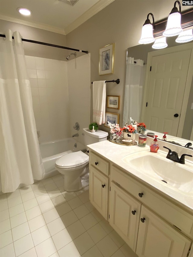 full bathroom with toilet, crown molding, vanity, shower / bath combination with curtain, and tile patterned flooring