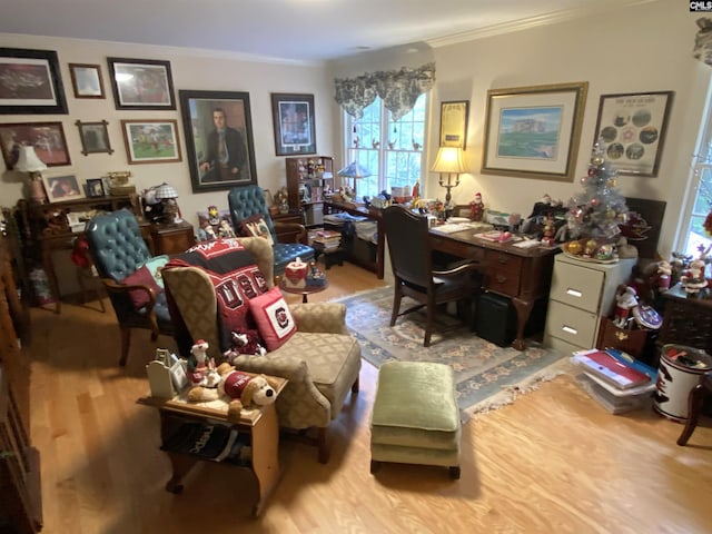 home office featuring crown molding and light hardwood / wood-style floors