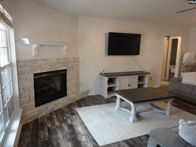 living room featuring a stone fireplace and dark hardwood / wood-style flooring