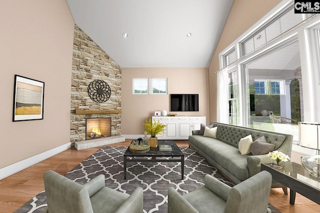 living room with a stone fireplace, high vaulted ceiling, and light wood-type flooring