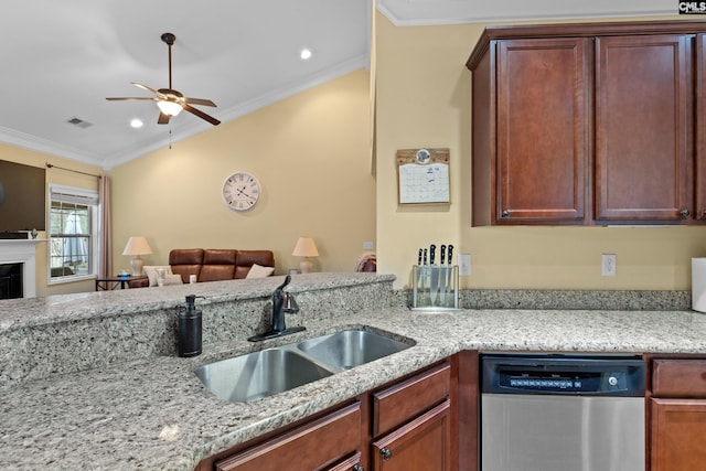 kitchen featuring ornamental molding, sink, stainless steel dishwasher, and light stone counters