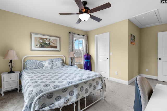 bedroom with light carpet and ceiling fan