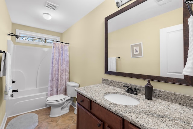 full bathroom featuring shower / bathtub combination with curtain, vanity, tile patterned flooring, and toilet