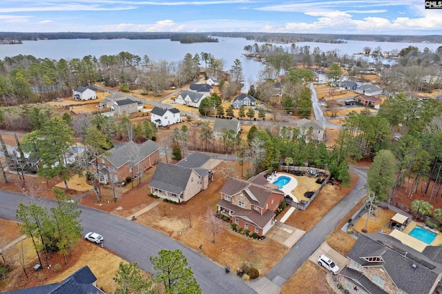 drone / aerial view featuring a water view