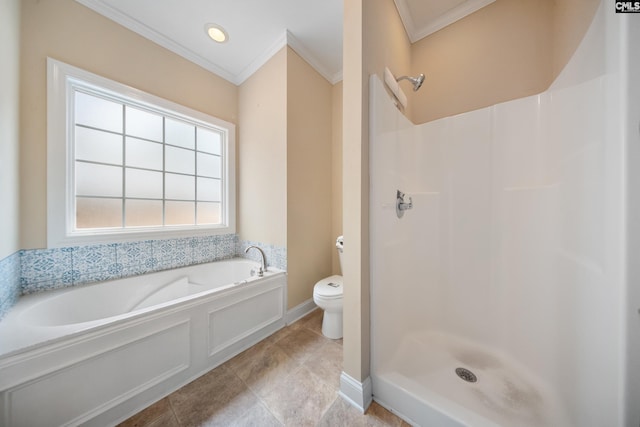 bathroom with tile patterned flooring, ornamental molding, plus walk in shower, and toilet