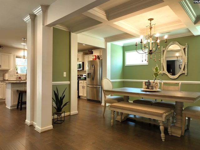 dining room featuring crown molding, dark wood-type flooring, beam ceiling, coffered ceiling, and ornate columns