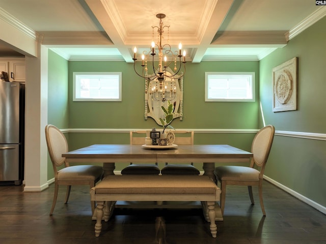 dining area with coffered ceiling, dark hardwood / wood-style floors, and beamed ceiling