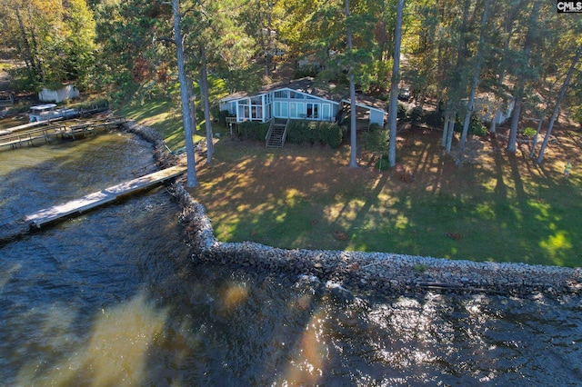 aerial view featuring a water view