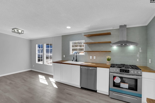 kitchen featuring appliances with stainless steel finishes, white cabinetry, sink, wooden counters, and wall chimney exhaust hood