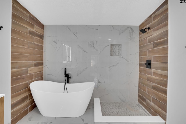 bathroom with wooden walls and independent shower and bath