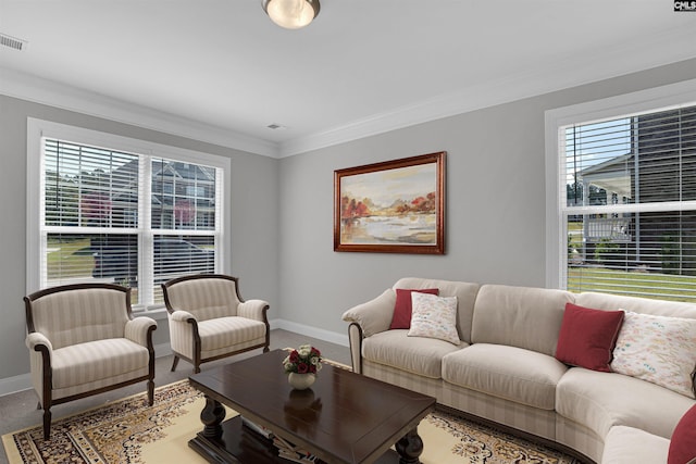 living room with ornamental molding and carpet