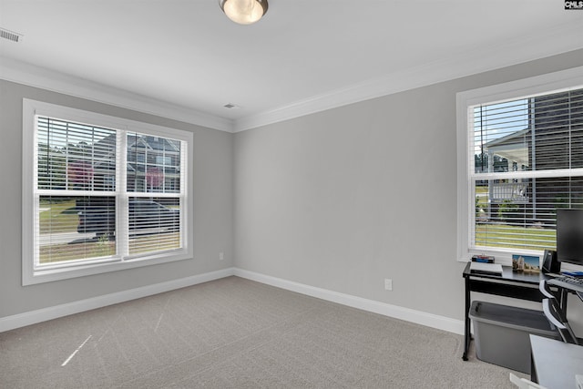 carpeted empty room with ornamental molding