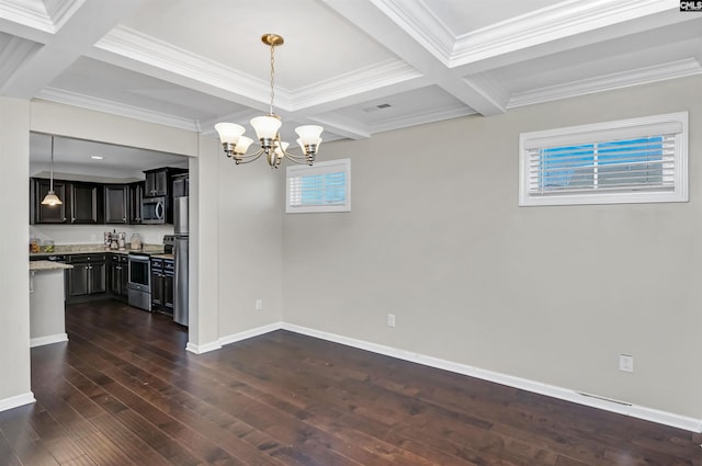 unfurnished dining area featuring dark hardwood / wood-style flooring, a notable chandelier, beam ceiling, and coffered ceiling